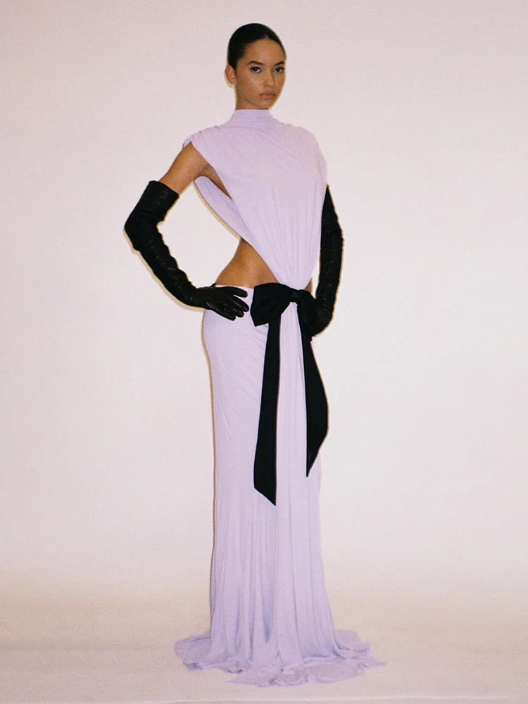 VC Stylish Chic White Halter Sleeveless Backless Cutout with Bow Detail Maxi Dress Evening Gown