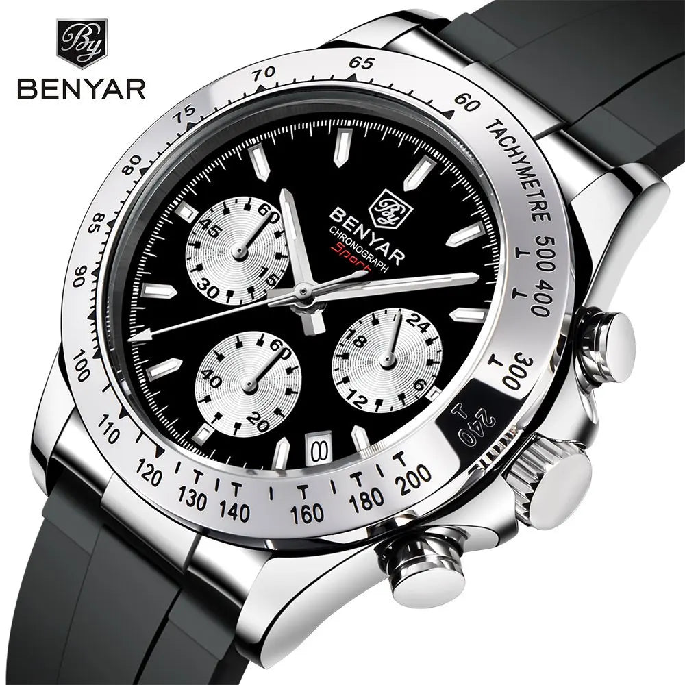 BENYAR New Casual Mens Quartz Watches Steel Bezel Silicone Strap Waterproof Multifunctional Luminous Wristwatch For Man
