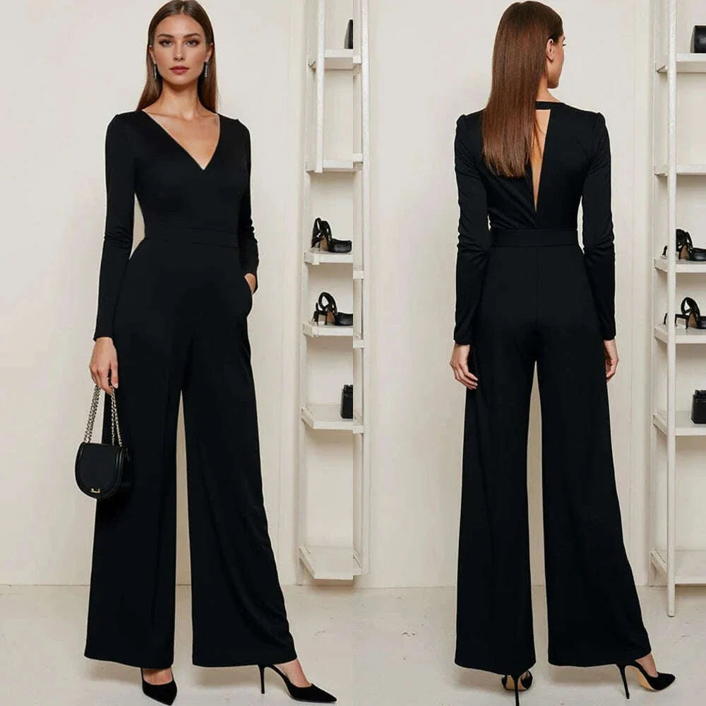 Mia Muse Women's Jumpsuits All Season French Elegant Solid Color Waist In Design Long Sleeve Plunge Neck Wide Leg Suitable for