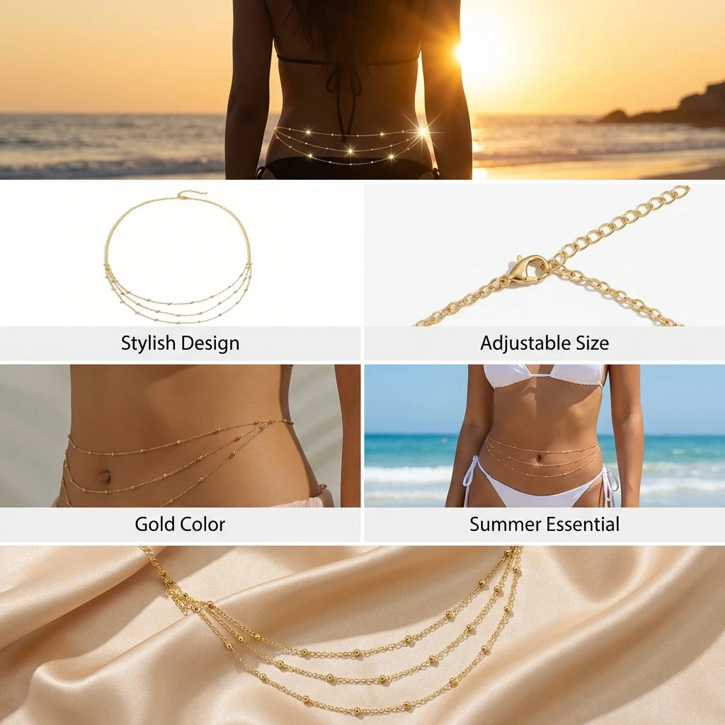 Sexy Gold Color Belly Chains for Women Minimalist Layered Beads Waist Chain Summer Beach Bikini Body Jewelry Accessories Gift - Kimlud