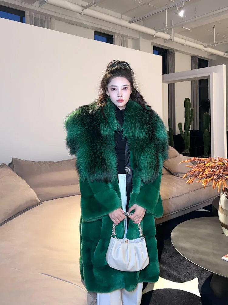 2023 New Winter Women Real Rex Rabbit Fur Coat Long Luxury Jacket with Super Large Raccoon Fur Collar Ladies Fashion Overcoat
