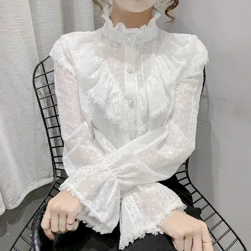Long Sleeve Loose Spring Fashion Button White Shirt Elegant Stand Collar Pleated Tops Casual Ruffle Lace Blouse Blusas 15832 - Kimlud