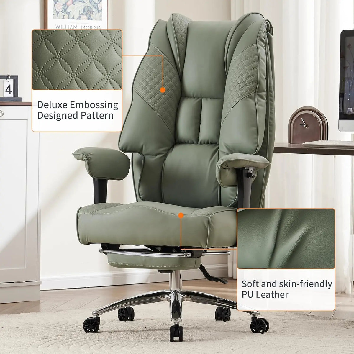 Ergonomic Executive Office Chair with Footrest, 400lbs Capacity, Lumbar Support for Back Pain Relief in Light Green |...