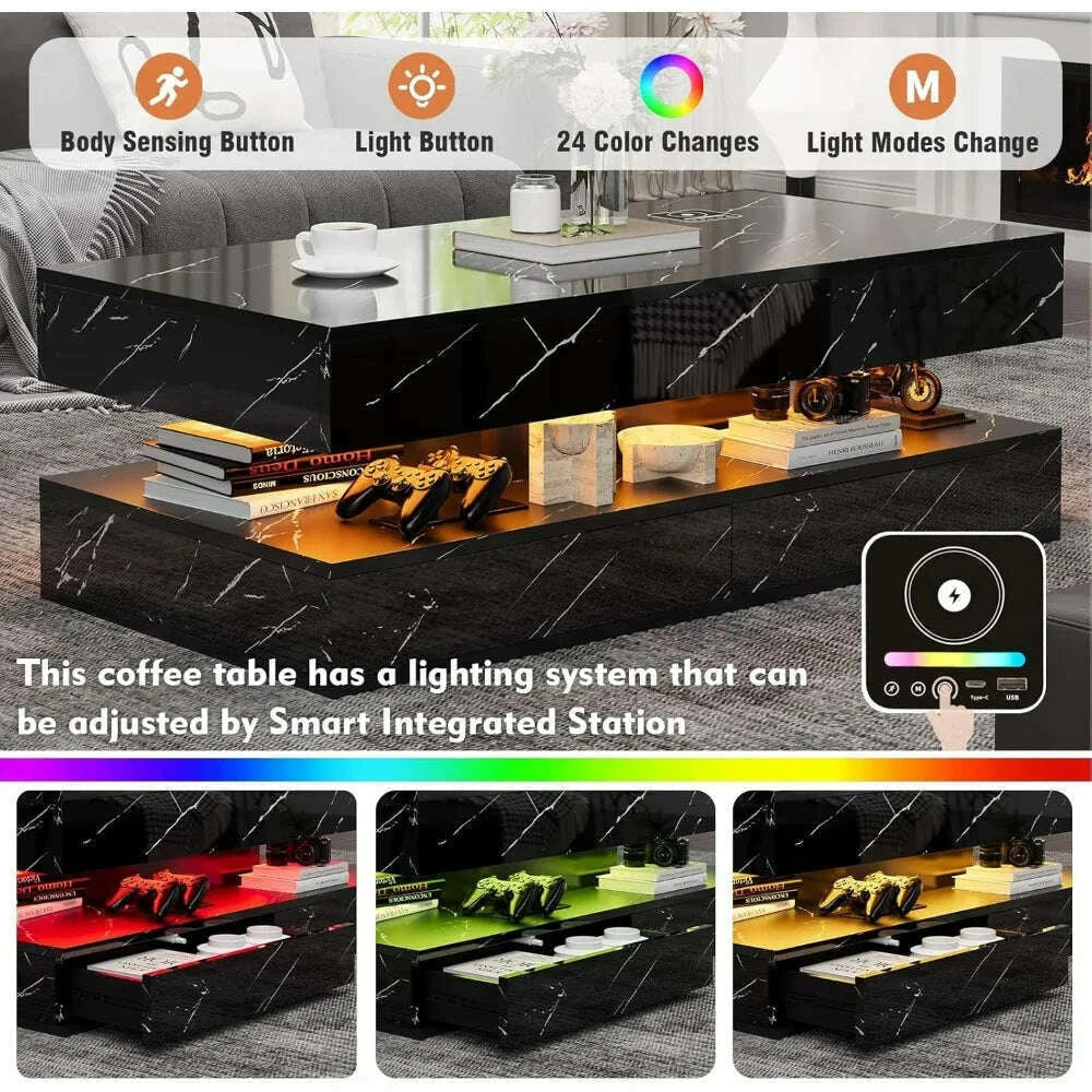 47" Modern LED Coffee Table with 2 Drawers, High Glossy Double-Layer Center Table with Wireless Charging and Built-in Bluetooth