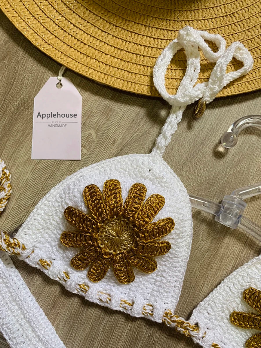 Crochet Bikinis Set Mujer Tankini Swimwear Women Biquinis Feminino Sexy Swimsuit Biquini Flor Brazilian Adjustable Thong Bikini - Kimlud