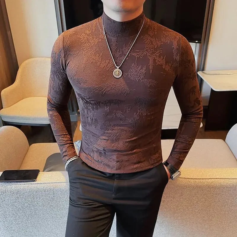 Half Turtle Neck T-shirt Men's Long-sleeved Slim Printed Sweatshirt Mid-collar Base Shirt Tight Floral Pattern T-shirt Top T - Kimlud