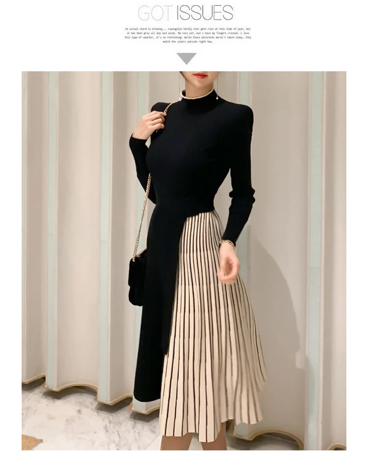 H Han Queen New Winter Elastic Knitted Dresses Women Color matching Lace-up Sweater Dress Fashion Slim Work Office Vestidos - Kimlud