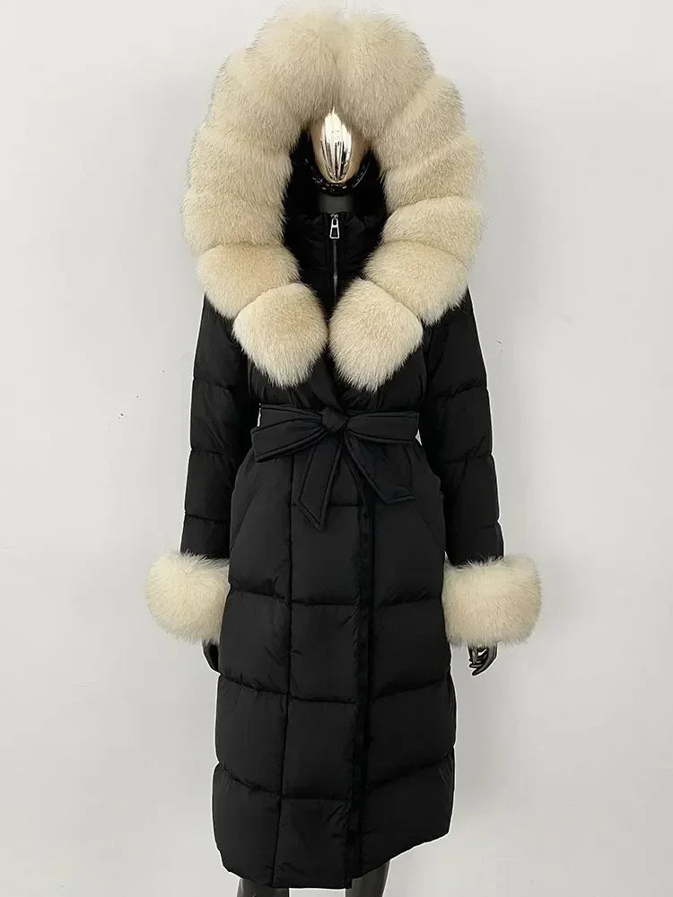 CXFS New Real Raccoon Fox Fur Collar Hooded Natural Long Winter Jacket Women 90 White Duck Down Coat Thick Warm Casual Outerwear