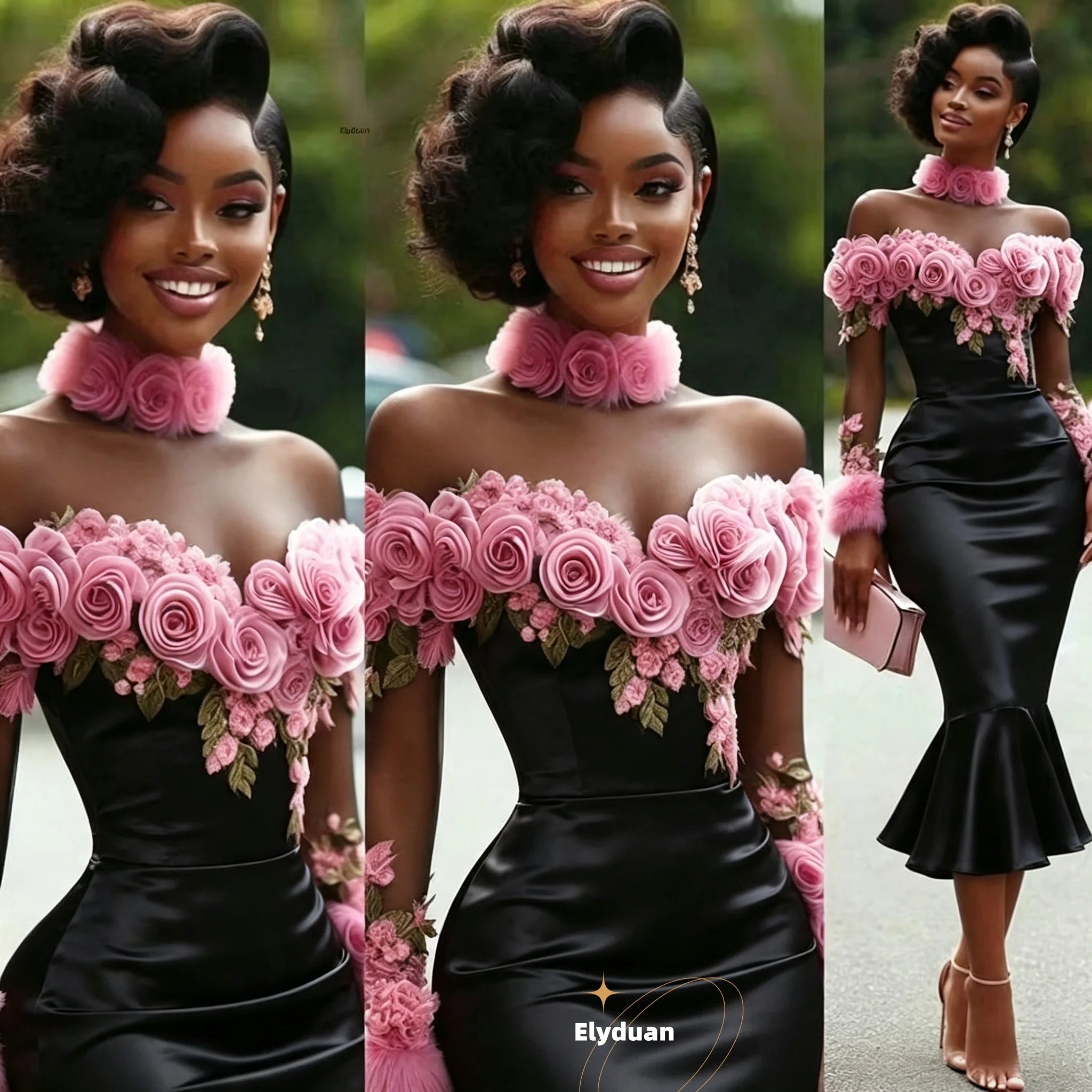 Black Midi Sheath Prom Dress Off Shoulder Long Sleeve Evening Gown Pink Rose Floral African Birthday Party Dress...