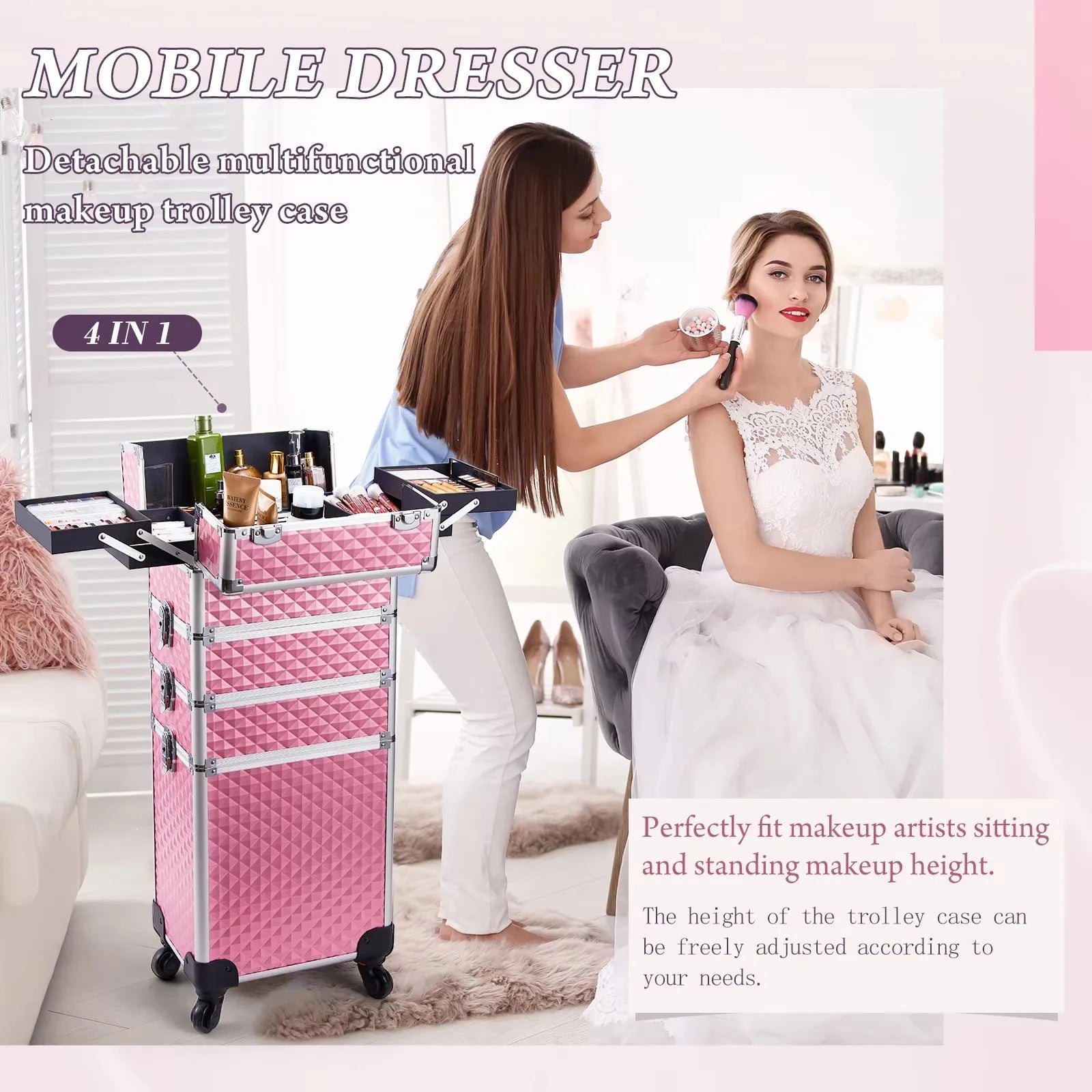 Rolling Makeup Train Case Cosmetic Trolley 4 in 1 Large Capacity Makeup Travel Case with Key Wheels Salon Barber Case Traveling