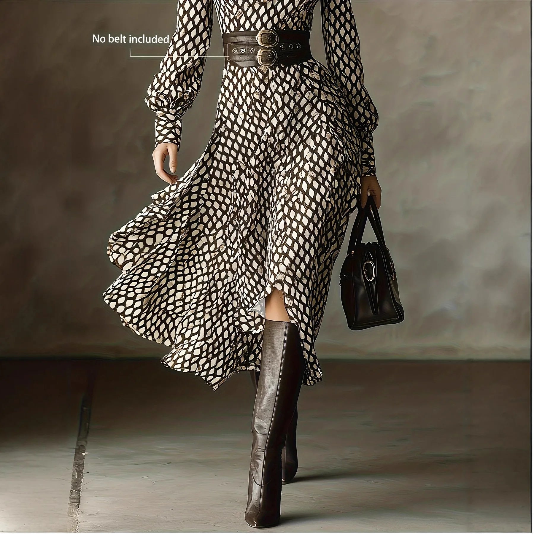 Women's Vintage Plaid Print Shirt Dress V-neck Bubble Long Sleeve High Waist Slim A- line Skirt Elegant Midi Dress Autumn Fashio