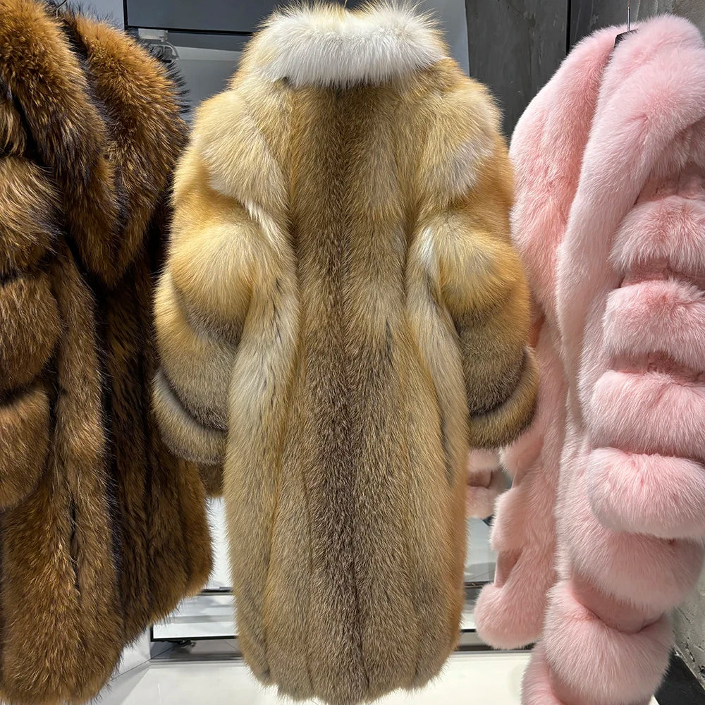 YOLOAgain 2025 Winter Warm Long Luxury Real Fox Fur Jacket Coat Women 120cm length