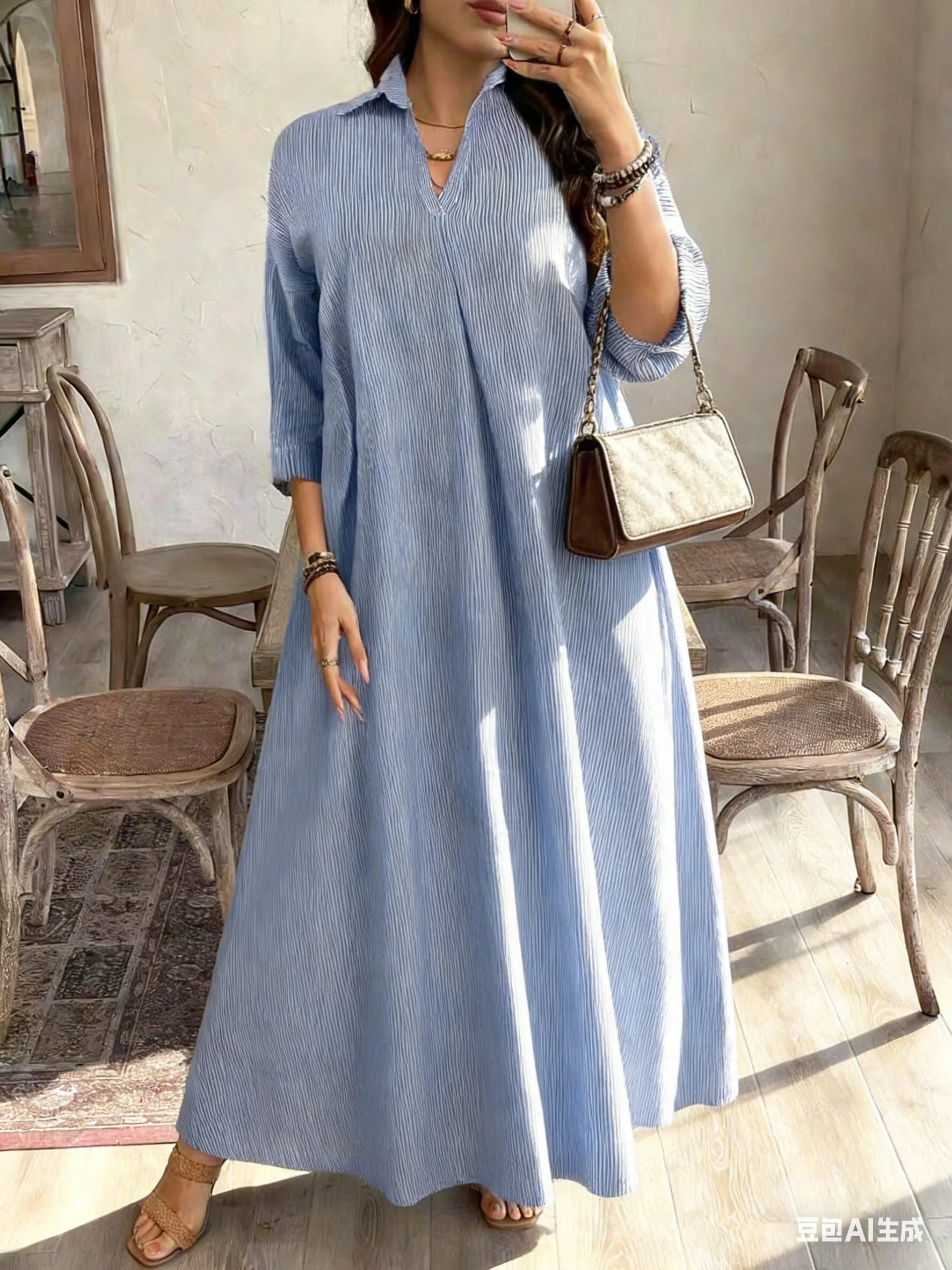 Spring Summer New Loose Striped Fashionable Shirt Collar Printed Women's Dress Elegant Casual Maxi Gown for Women - Kimlud