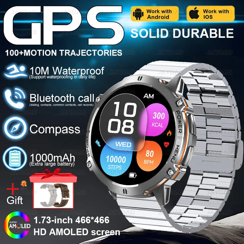 2025New Outdoor Military GPS Compass Smart Watch Men 1.73"HD AMOLED Screen 1000MAH Heart Rate BT Call IP68 Waterproof Smartwat