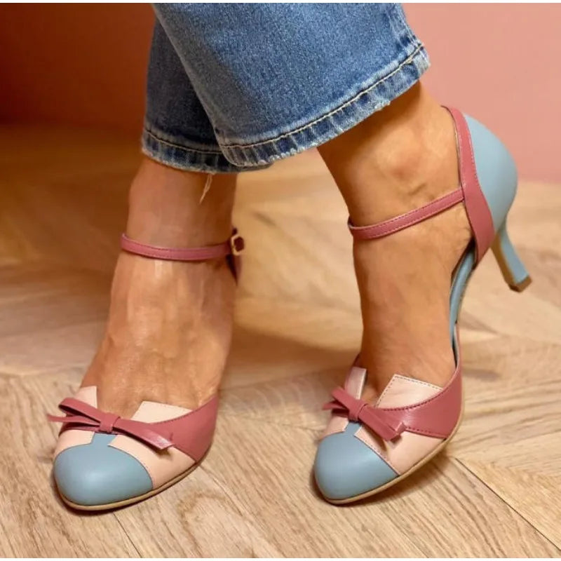 Luxury Sweet Female Dress Shoes Round Toe High Heels Pumps Buckle Strap Bowknot Mixed Color Plus Size 43 Dating Shoes - Kimlud