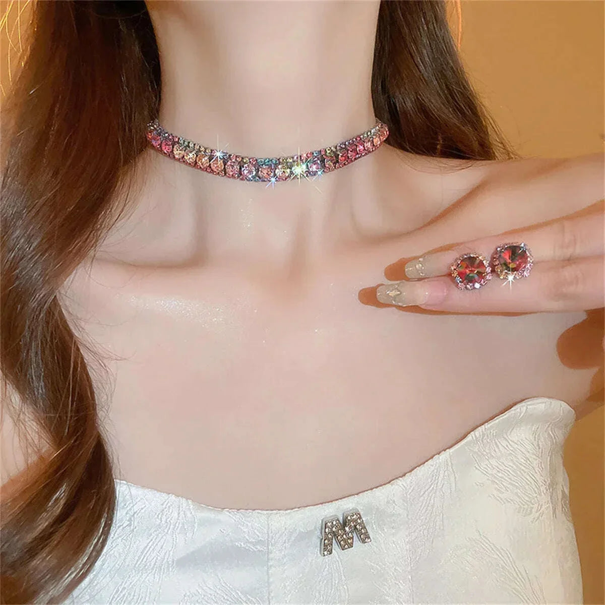 Luxury Crystal Necklace Earrings Set Pink ABcolourful Necklace for Women Weddings Party Jewelry Sets Accessories