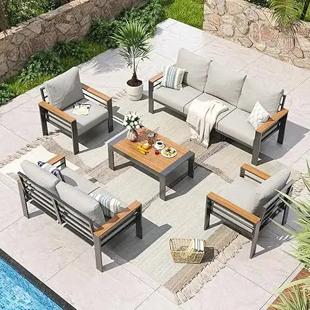 Aluminum Patio Furniture Set 7 Seats, Oversized Outdoor Sectional with Washable Thick Cushions, Coffee Table and...