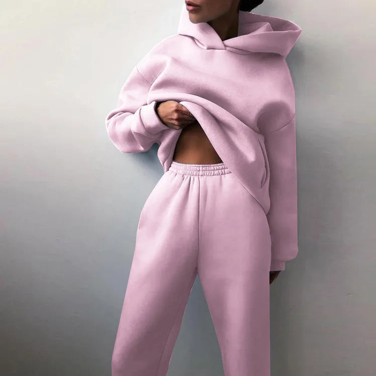 2 Pieces Set Women New Fashion Leisure Autumn Winter Pure Color Fleece Hooded two-piece Sports Suits Dropshipping LKX21660