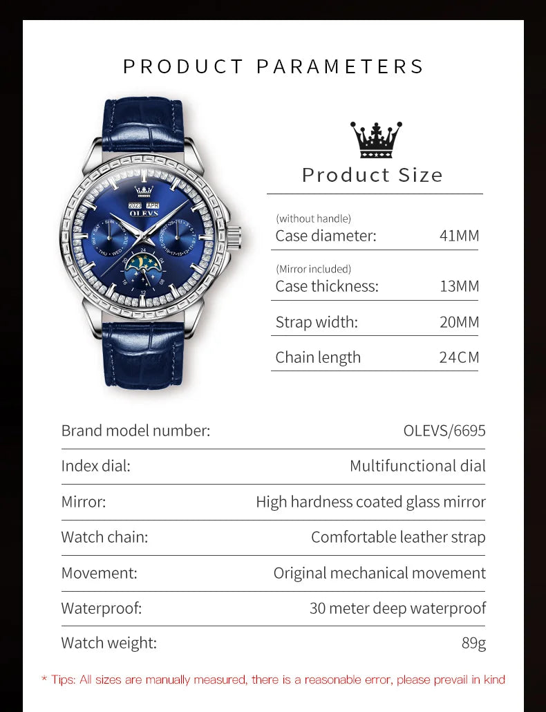OLEVS 6695 Luxury Man Watch Original Brand Diamond Bezel Moon Phase Waterproof Glow Automatic Mechanical Wrist Watches...