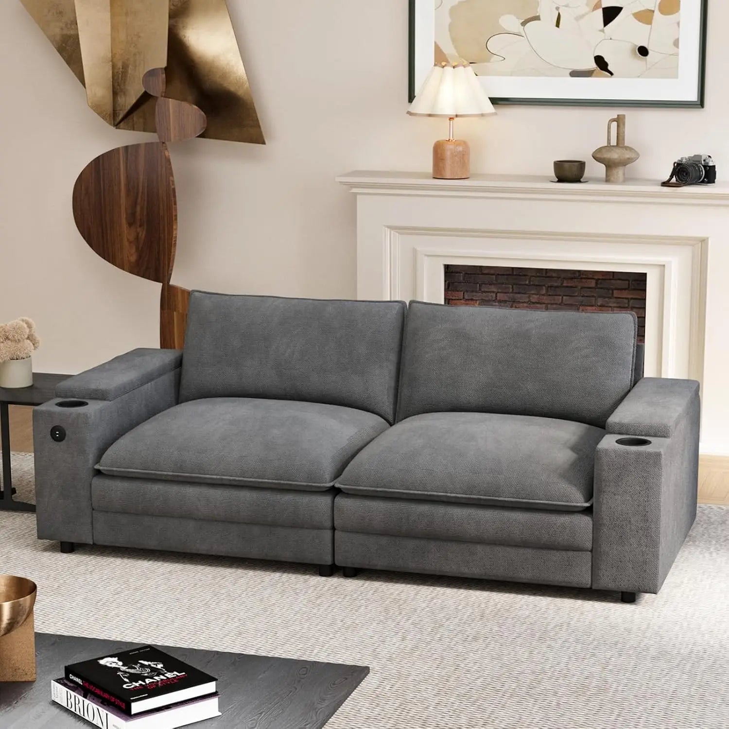 U-Shaped Sectional Sofa Ottoman Storage Armrest USB Ports Spring Cushion Solid Wood Chenille Living Room 115", Customized - Kimlud