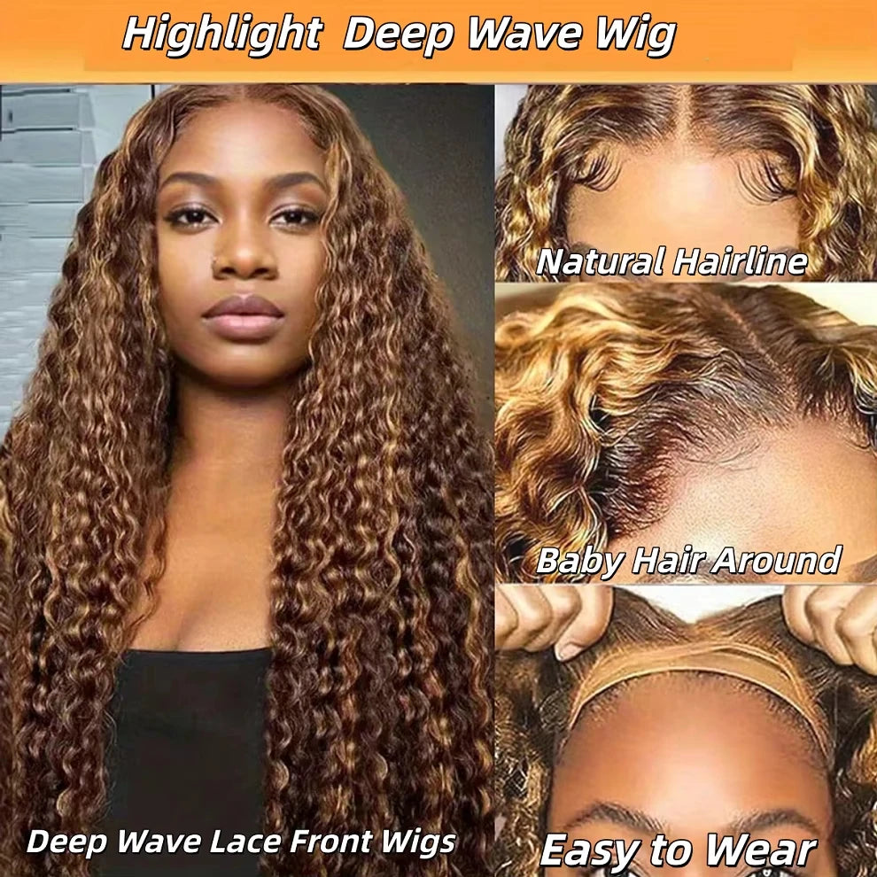 Deep Wave 5x5 13x4 Lace Wig Invisible Strap P427 Highlight Human Hair Wigs Brazilian Preplucked Water Wave 250 Density Curly Wig