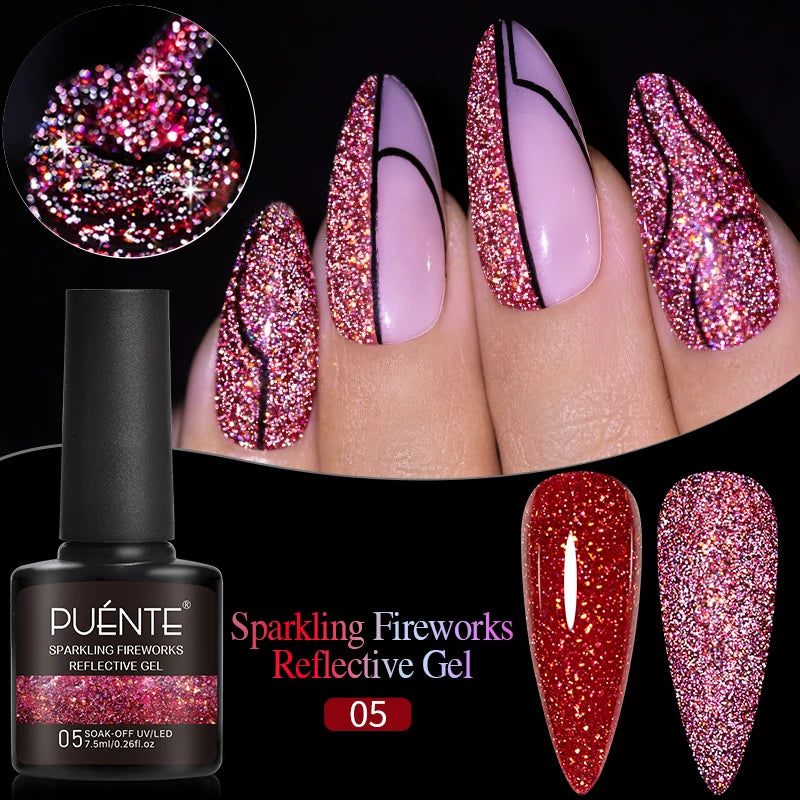 7.5ML Sparkling Reflective Glitter Gel Nail Polish Pink Purple Red Blue Colors Dark Flashing Nail Gel Soak Off UV Nail Varnish