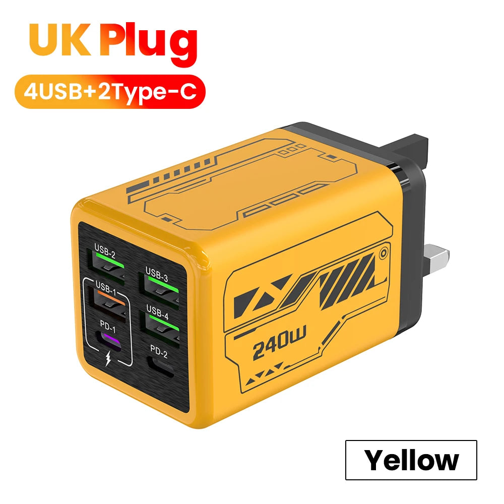240W 6 Ports 4USB+2Type C Super Fast Charging Mobile Phone Charger USB3.0 PD3.0 EU/UK/US Charger For Iphone 17 16 Samsung POCO