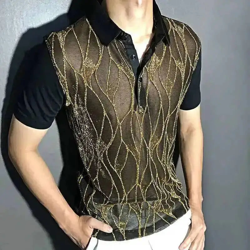 Black Gold Abstract Pattern Lace Sexy Polo See Quality Men Through Social Club Luxe Transparent Shirt Summer Short Sleeve Polo - Kimlud