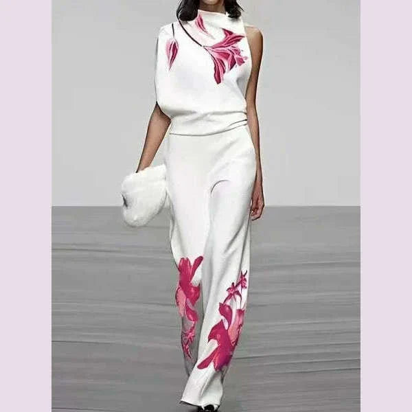 Spring Summer Fashion Printed Set For Women's Casual Sleeveless Shirt Top + Wide-leg Trousers 2-piece Suit Office Women Outfit