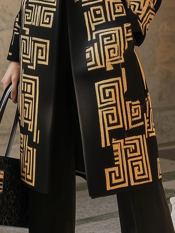 Modigirl 2026 New Spring Women's Vintage Midi Length Coat Urban Trendy Golden Meander Print Long Jackets Pockets female