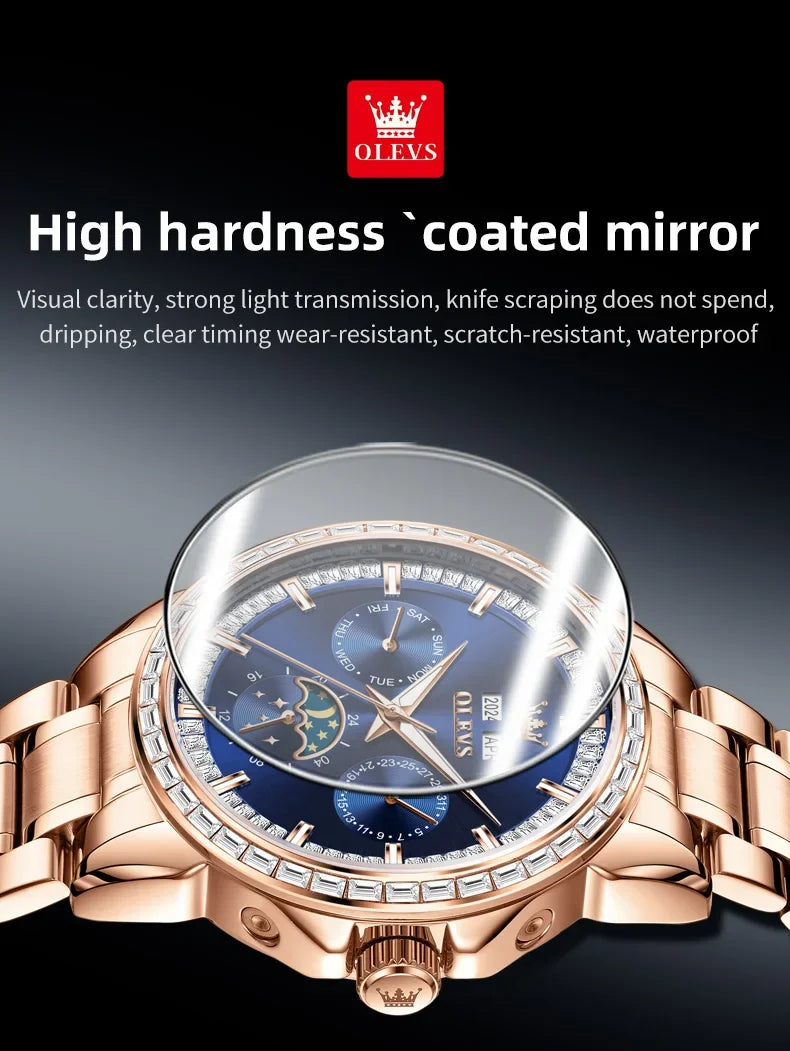 OLEVS 6695 NEW Men's Watches Full Multifunctional Dial Blue Leather Strap Calendar Week Moon Phase Waterproof Wristwatch...