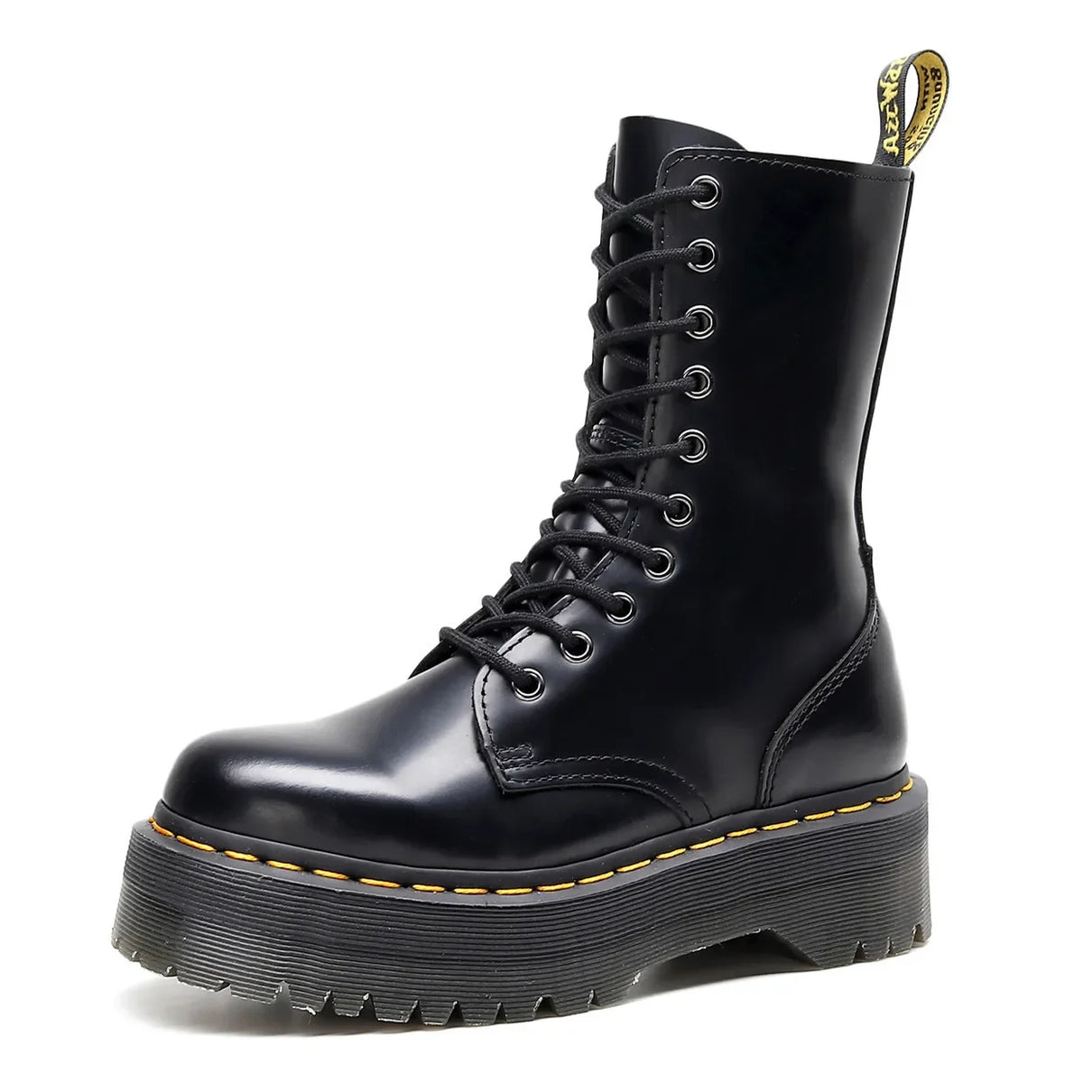 Women's Motorcycle Boots 10 Holes Thick Bottom Side Zipper British Style Long Booties Flatform Work Boots round Toe Mid Heel