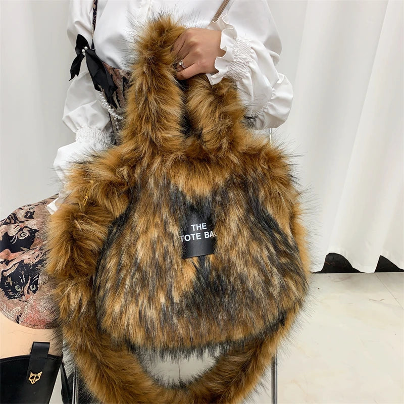 Luxury Designer The Tote Bags for Women Furry Leather Branded Fur Shoulder Bags Female Large Crossbody Handbags