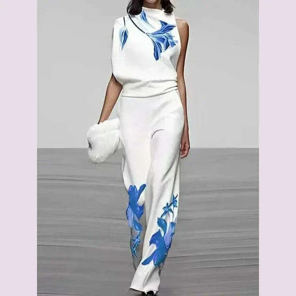Spring Summer Fashion Printed Set For Women's Casual Sleeveless Shirt Top + Wide-leg Trousers 2-piece Suit Office Women Outfit