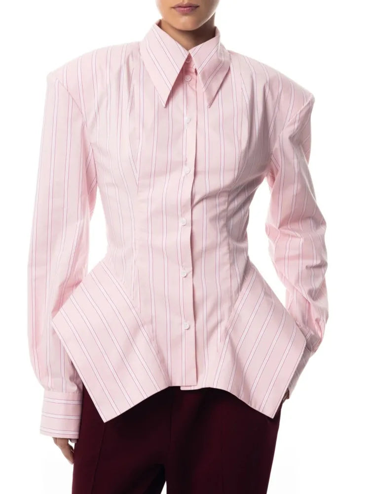 Women's Collar Striped Shirt with Asymmetrical Hem and Waist Cinching 2026 Spring summer Fashionable Casual Office...