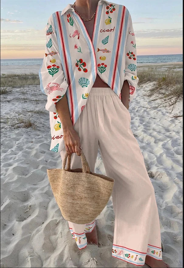 Casual Printed Two Piece Set Women Spring Summer New Fashion Comfort Holiday Button Long Sleeve Shirts And Wide Leg Pants 2 Sets