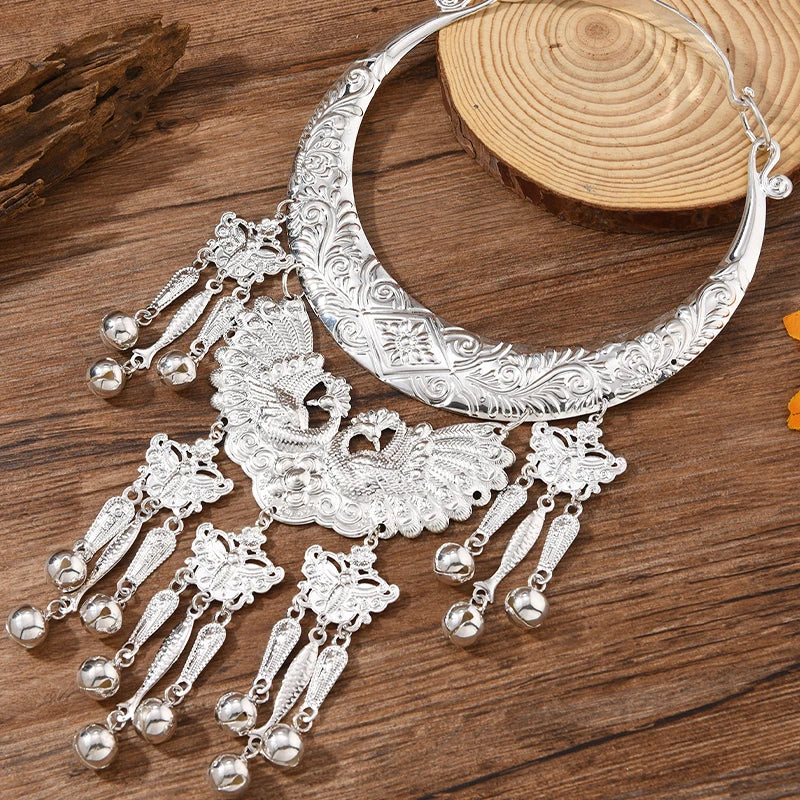 Ethnic Minority Miao Retro Necklace Traditional Chinese Silver Color Craft Dance Costume Special Accessory Chain