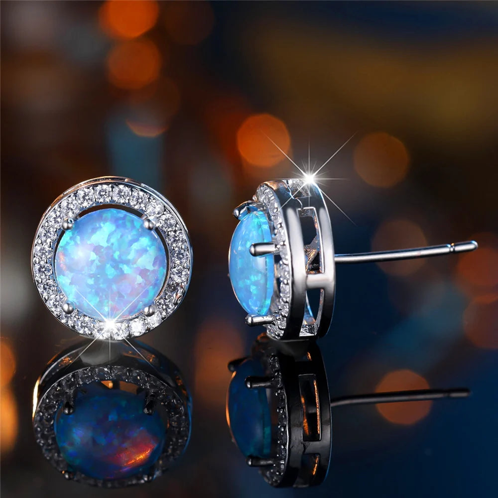 Cute Female Crystal White Blue Opal Round Stone Stud Earrings Silver Color Wedding Jewelry For Women | Kimlud Mid Range...