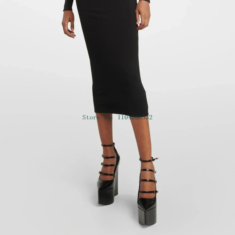 Platform Thick Heel Bucke Strap Pumps Sexy Pointed Toe Patent Leather New Arrivlas Fashion Women Modern Runway Shoes