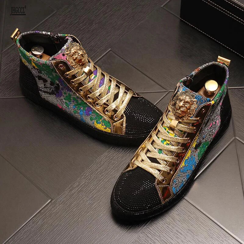 European fashion rhinestone sequin men's high top new network red shoes Korean version breathable high top board shoes - Kimlud