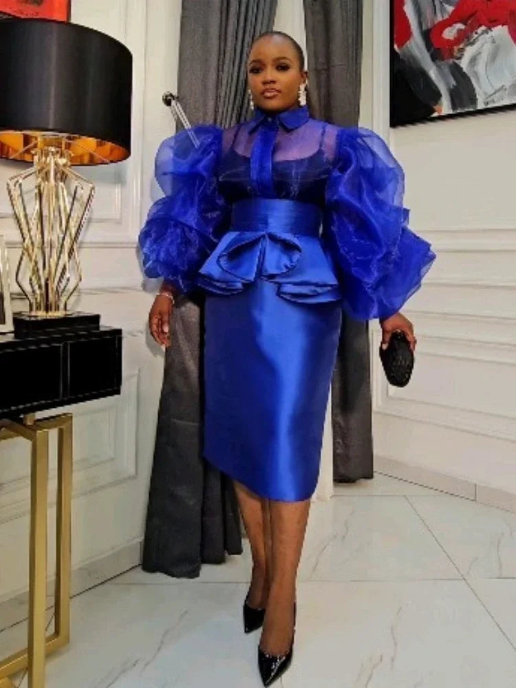 Fashion Party Style Long Sleeved Blue See Through Mesh 2-piece Set for Women's Spring Office Sexy Club Party Birthday Skirt Set