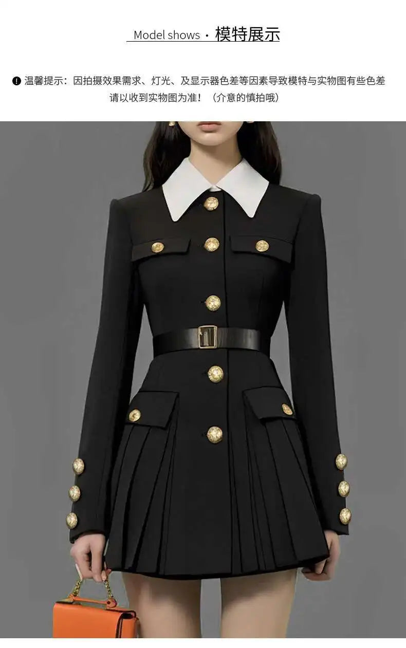 Luxury Quality 2025 Spring Autumn Single Breasted Golden Button Long Full Sleeve Blazer Suit Coat Pleated Short Dresses Women