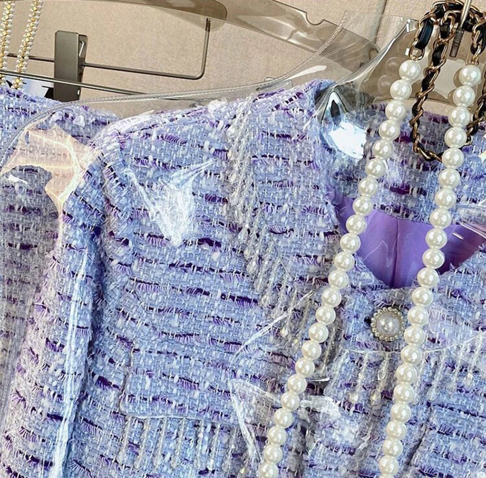 High Quality Elegant Violets Tweed Women Set Single-breasted Feather Beaded Tassel Jacket & High Waist Shorts Suit Fashion Party