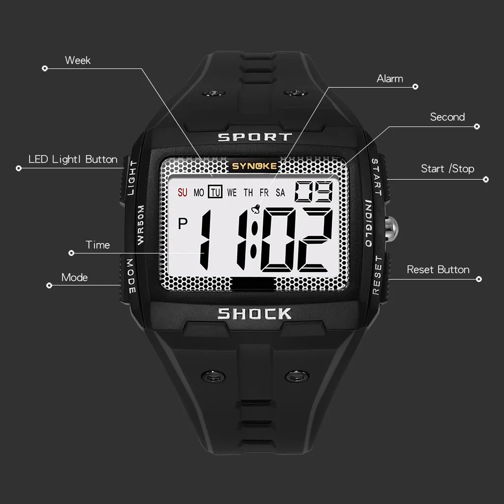 SYNOKE Big Numbers Full Size Digital Watch Easy to Read 5ATM Water Resistant Electronic Wristwatch Countdown Clock Reloj Hombre