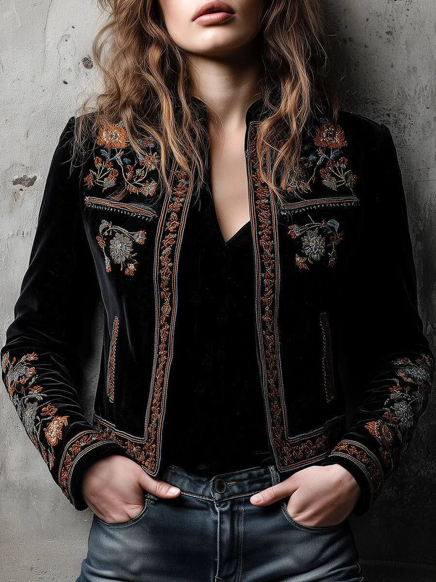 Floral Printed Stand Collar Jacket for Women's Autumn American Retro Cardigans Short Outerwear Chic Ethnic Casual Elegant Jacket