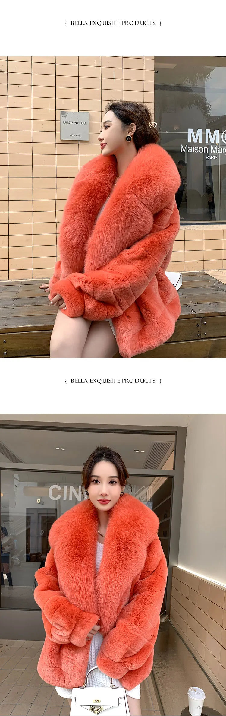 Fashion Women Real Rex Rabbit Fur Coats Long Natural Full Pelt Chinchilla Color Rabbit Fur Jackets With Real Fox Fur Collar Over