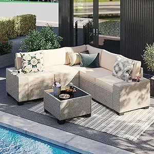 6 Pieces Patio Furniture Set, Outdoor Sectional Set of 6 w/Wide Armrest, Waterproof Wicker Conversation Set for...
