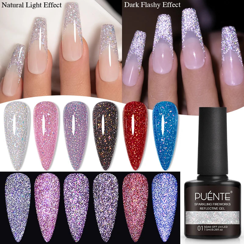 7.5ML Sparkling Reflective Glitter Gel Nail Polish Pink Purple Red Blue Colors Dark Flashing Nail Gel Soak Off UV Nail Varnish