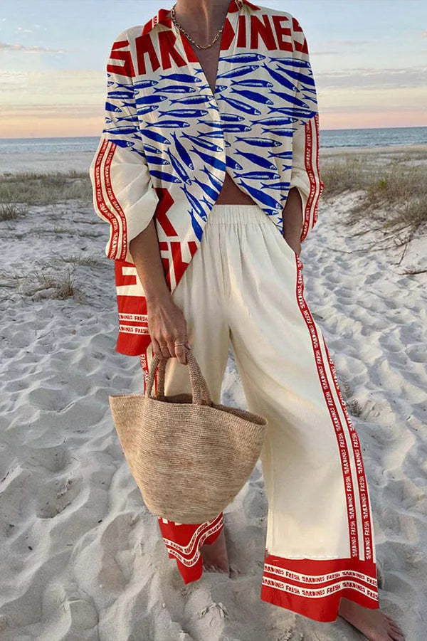 Boho Beach Holiday Print Shirt And Pants Two Pieces Sets Women Csaual Loose Long Sleeve Button Shirts Outfits Summer Pants Sets