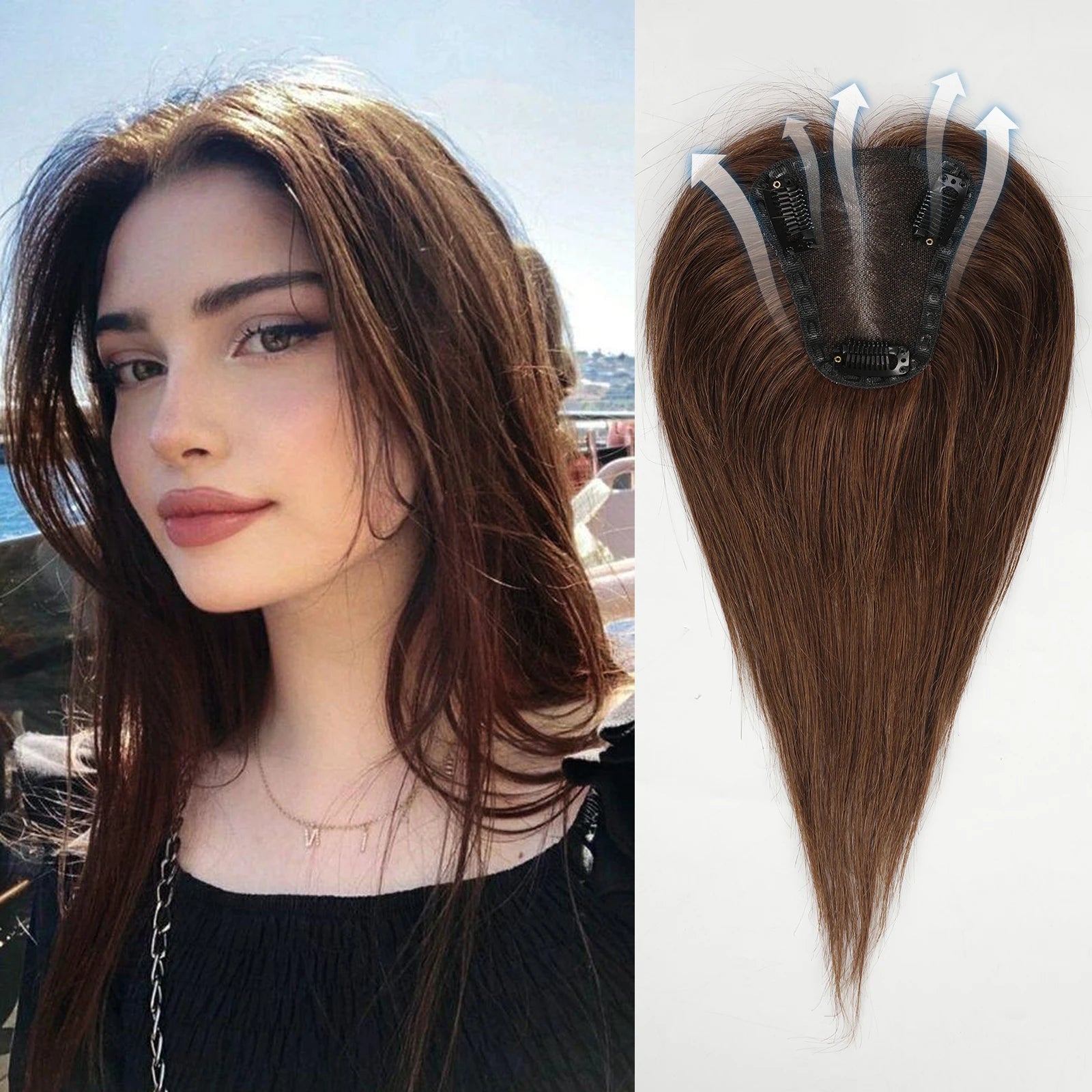 Ash Gray Brown 100% Remy Human Hair Toppers Clips In Hair Lace Base Topper Hairpieces for Women Hair Extensions 12 Inch Straight